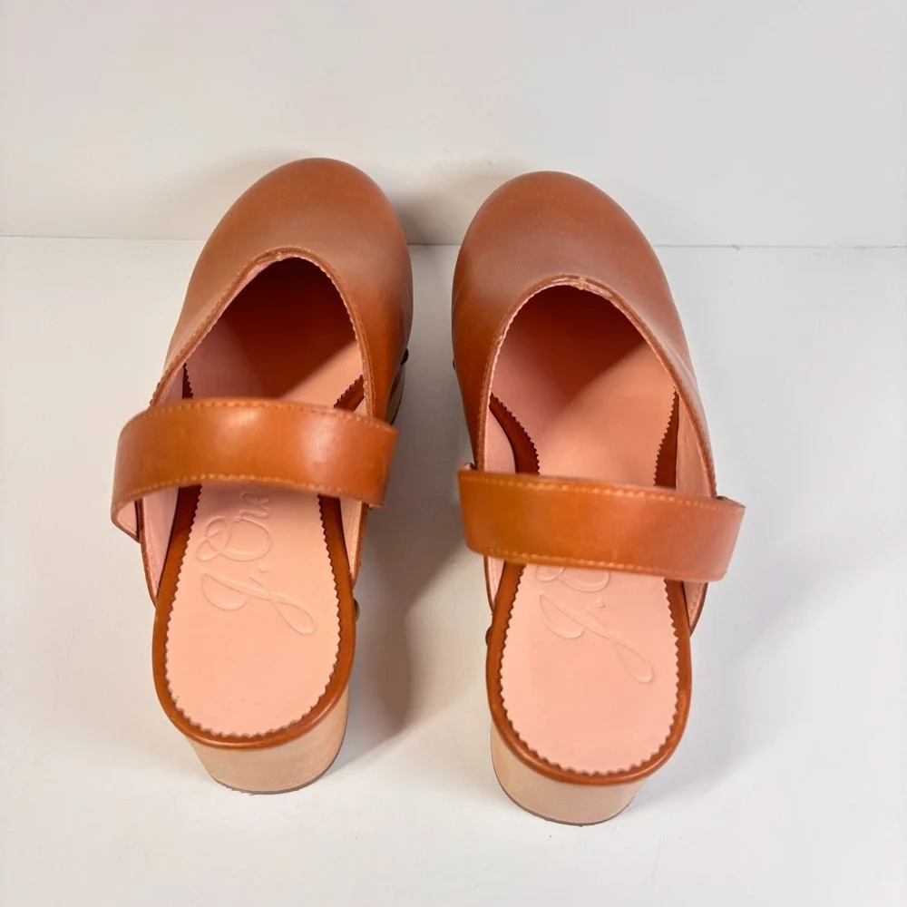 J. Crew Convertible Leather Clogs Brown Studded Wood Sole Slingback Size 6.5 US